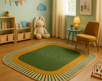 Tapete Geométrico Infantil – Verde e Amarelo Mostarda, Tapete Escandinavo para Sala de Jogos