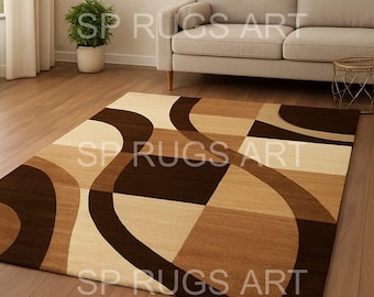 Abstract Geometric Area Rug – Earthy Brown Beige Carpet