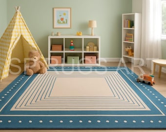 Children’s Playroom Rug, Soft Nursery Area Rug, Blue Geometric Kids Carpet, Modern Baby Room Floorrug