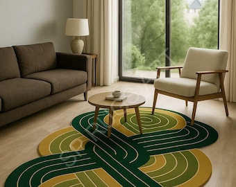 Modern groen abstract vloerkleed, handgemaakt getuft tapijt, geometrisch woonkamertapijt, modern vloerkleed uit het midden van de eeuw, eigentijds interieur