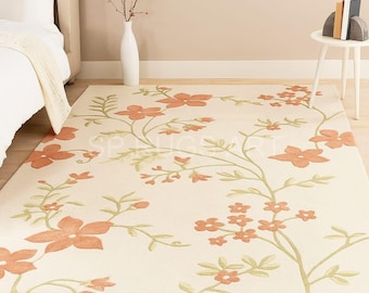Floral Area Rug – Cream Beige with Orange Flowers, Botanical Accent