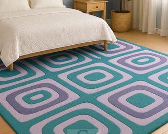 Mid-Century Modern Geometric Rug | Teal Purple Retro Pattern | Soft Tufted Area Carpet