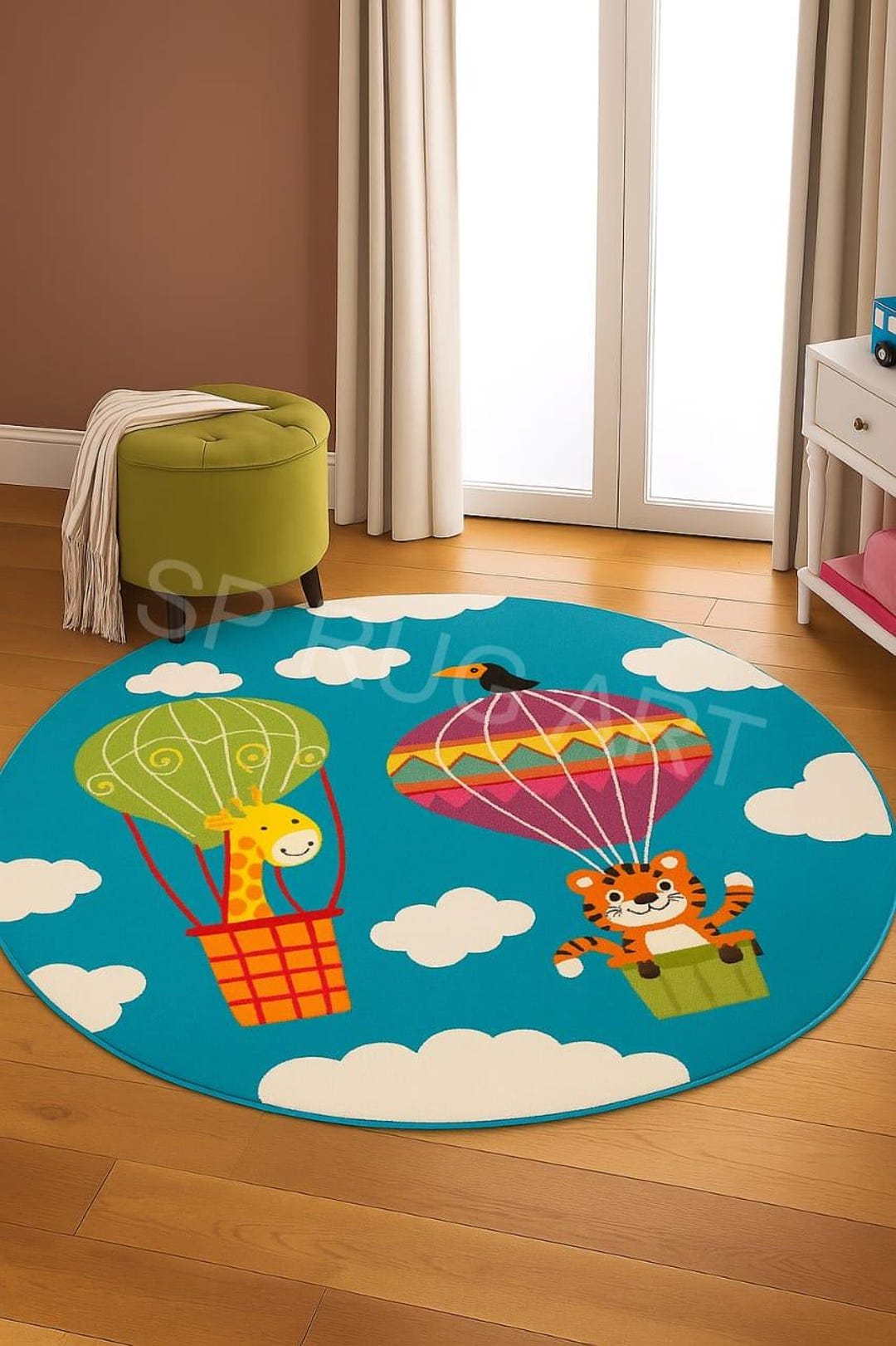 Kids Hot Air Balloon Rug, Nursery Round Rug, Animal Balloon Carpet ...