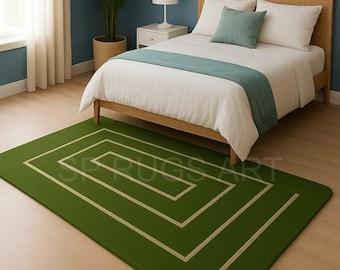 Mid-Century Hand Tufted Rug, Modern Green Area Rug, Geometric Wool Rug, Luxury Living Room Rug, Handmade Bedroom Carpet, Custom Size