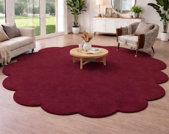 Burgundy Scalloped Rug, Modern Area Rug, Hand Tufted Wool Rug, Luxury Living Room Carpet, Unique Statement Rug, Custom Size Rug