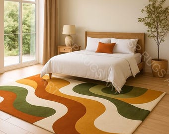 Modern Abstract Wave Rug, Orange Olive Green Cream Area Rug, Mid Century Style Handmade Tufted Carpet for Bedroom Living Room