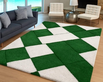 Green Checkered Rug, Modern Area Rug, Geometric Tufted Carpet, Custom Size Rug, Minimalist Living Room Rug, Handmade Floor Decor