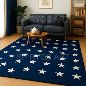 May include: A navy blue rectangular area rug with a repeating pattern of white stars. The rug is placed on a wooden floor in a living room setting, with a sofa, coffee table, and decorative items visible in the background.