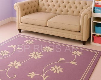 Mid Century Rug, Purple Floral Area Rug, Handmade Wool Rug, Modern Living Room Rug, Bedroom Carpet, Custom Size Rug