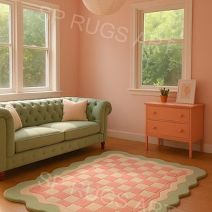 Peach and green checkerboard scalloped edge rug in cozy living room
