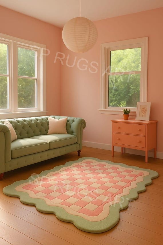 Checkerboard Rug, Scalloped Edge Rug, Peach Green Rug, Pastel Area Rug, Tufted Wool Rug, Irregular Shape Carpet, Living Room Decor Rug