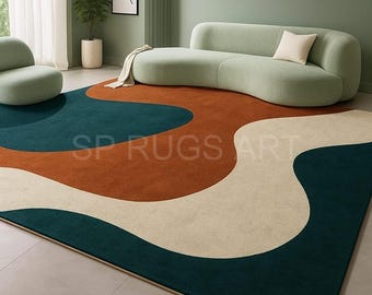 Abstract Modern Rug, Irregular Shape Area Rug, Olive Green Rust Cream Carpet, Tufted Wool Rug, Contemporary Living Room Rug, Designer Floor