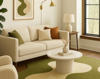 Organic Shape Abstract Rug, Olive Green & Beige Modern Area Rug, Stylish Living Room Decor