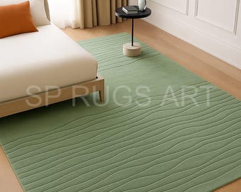 Handmade Sage Green Abstract Wave Tufted Rug, Modern Living Room Carpet