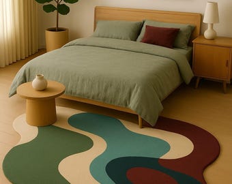 Abstract Modern Area Rug, Green Beige Organic Shape Rug, Contemporary Living Room Rug, Hand Tufted Wool Rug, Designer Statement Carpet