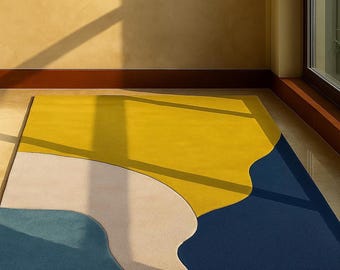 Handcrafted Abstract Geometric Rug – Modern Art Floor Carpet in Yellow and Blue