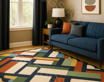 Tappeto geometrico smerlato, tappeto colorato astratto in stile moderno di metà secolo