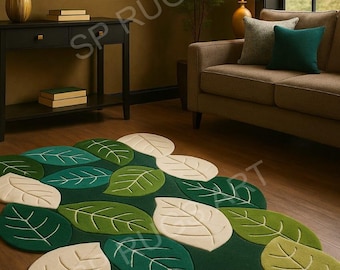 Alfombra de hojas verdes, alfombra botánica de lana con mechones hechos a mano, moderna alfombra de salón de inspiración natural de 5x8 9x12, alfombra contemporánea de tamaño personalizado.