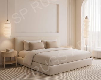 Beige Modern Area Rug – Minimalist Neutral Wave Pattern Carpet for Bedroom & Living Room