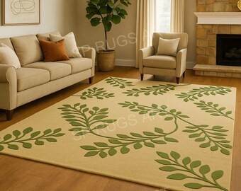 Alfombra botánica verde, alfombra con estampado de hojas, alfombra para sala de estar inspirada en la naturaleza, alfombra moderna hecha a mano, alfombra decorativa verde salvia
