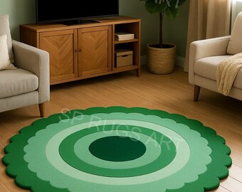 Handmade Green Round Rug – Retro Scalloped Edge, Modern Layered Carpet