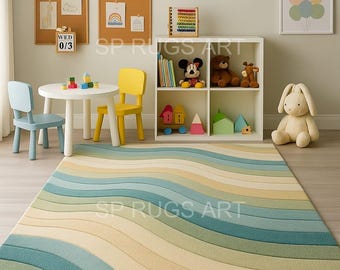 Kids Playroom Rug, Pastel Abstract Wave Area Rug, Soft Nursery Carpet for Baby Room Decor