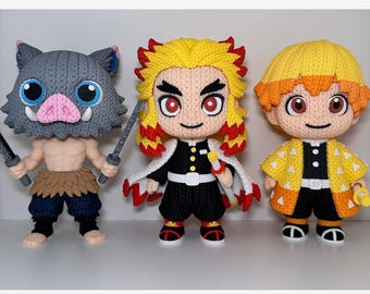 Figuras de anime tejidas de Inosuke, Rengoku y Zenitsu - Inspiradas en Demon Slayer - Exhibición impresa en 3D