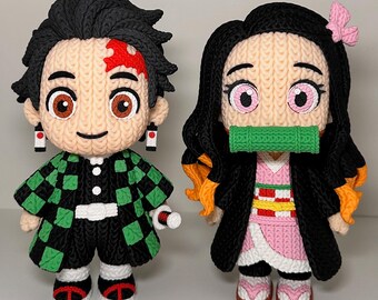 Figuras tejidas de Tanjiro y Nezuko - Inspiradas en Demon Slayer - Exhibición impresa en 3D