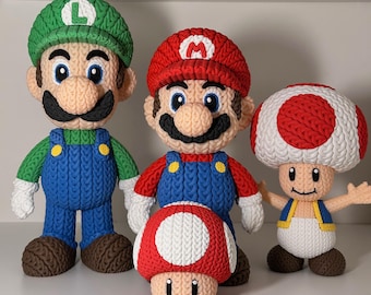 Figuras de punto inspiradas en Mario: Mario Luigi, Toad Mushroom, coleccionables de juegos retro impresos en 3D.