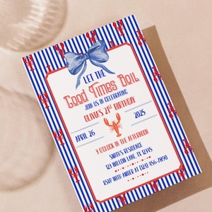 Lobster Boil Birthday Invitation: Blue Stripes & Bows (Digital Download Printable Invite)