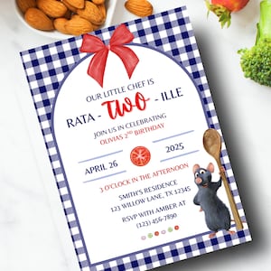 May include: A birthday invitation with a blue and white checkered border. The text reads "Our Little Chef is Two - Ille" with details for a party on April 26, 2025. A cartoon rat chef holds a wooden spoon.