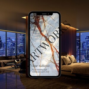 May include: A smartphone screen shows a marble pattern with red and white streaks. The text "Clear Radiance" and a quote are displayed. The phone is in a luxury bedroom with city views.