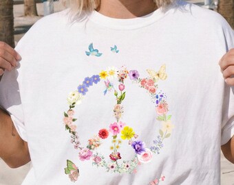 Peace Symbol Flowers T-shirt. Mothers Day Birthday tee. Short sleeve 100% cotton classic unisex sustainable shirt. Victorian vintage floral.