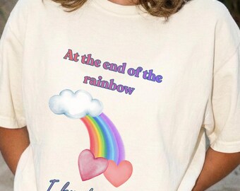 Rainbow tee with heart couple in love. Short sleeved classic 100% cotton casual shirt. Unisex women men T-shirt. Colorful romantic clothing.