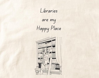 Libraries are my happy place book reader tee. Short sleeved 100% cotton casual shirt. Unisex classic T-shirt. Positive empowering clothing.