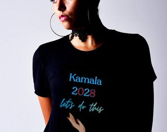 Kamala 2028 Lets Do This tee shirt. Short sleeved 100% heavy cotton casual shirt. Unisex women men T-shirt. Colorful political art clothing.