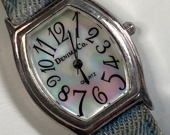 Denim & Co 925 Sterling Silver Tonneau Watch. Mother of Pearl Face