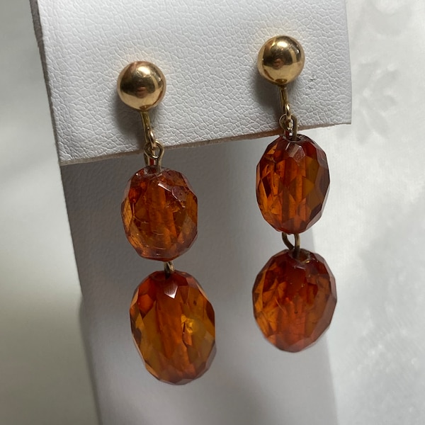 Art Deco Screw Back Earrings. Faceted Amber Dangles. Glowing and Gorgeous