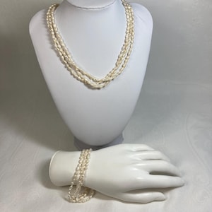 Seed Pearl Necklace & Bracelet Set. Triple-Strand. Freshwater Pearl, Rice Pearl. Wedding Jewelry or Summer Nights