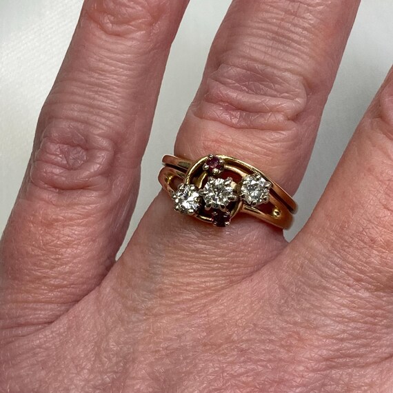 Trilogy Diamond Ring with Ruby Accents. Retro Cla… - image 9