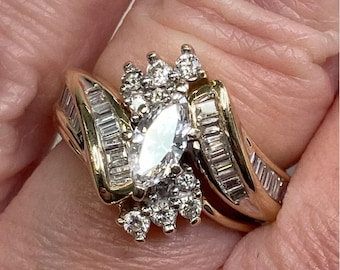Vintage Marquise Diamond Cluster Cocktail Ring: 14k Gold, Size 5.25. 1.38ctw. MB1