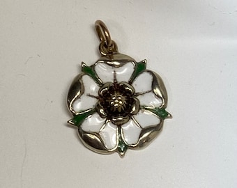 9K Gold Tudor Rose Charm or Pendant, Enameled White Flower