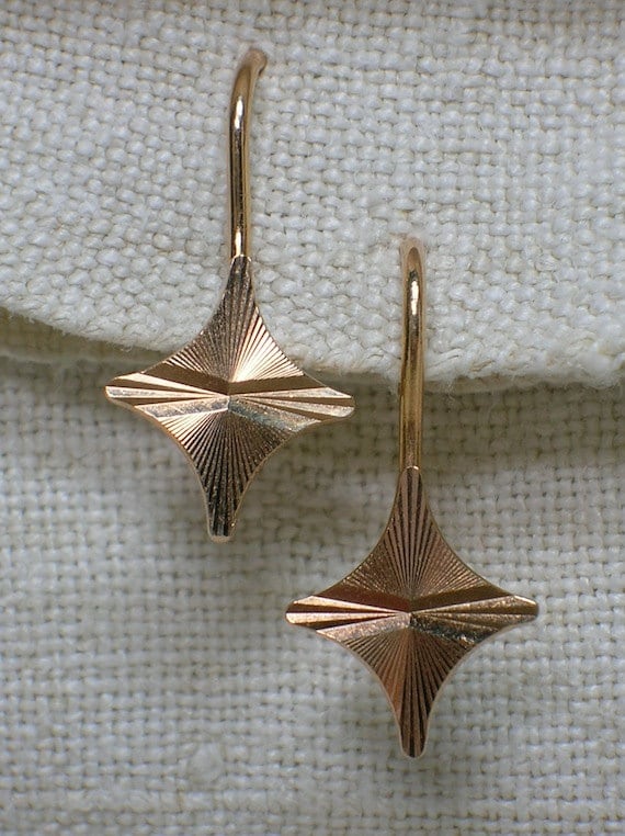 Rose Gold Earrings, 583, 14K. Retro Diamond Etched