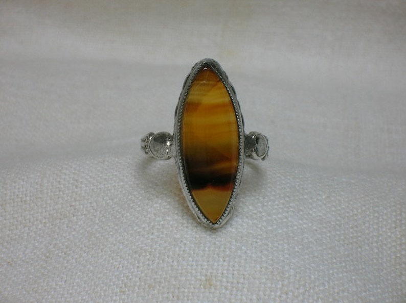 Antique Agate Ring, Clark & Coombs Banded. Edwardian or Art Deco era. Marquise Navette. Size 5 1/4 image 2