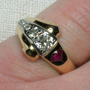 Art Deco Diamond Ruby Ring: 14K Rose Gold Pinkie Ring. (AS-IS)