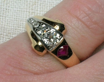 Art Deco Diamond Ruby Ring: 14K Rose Gold Pinkie Ring. (AS-IS)