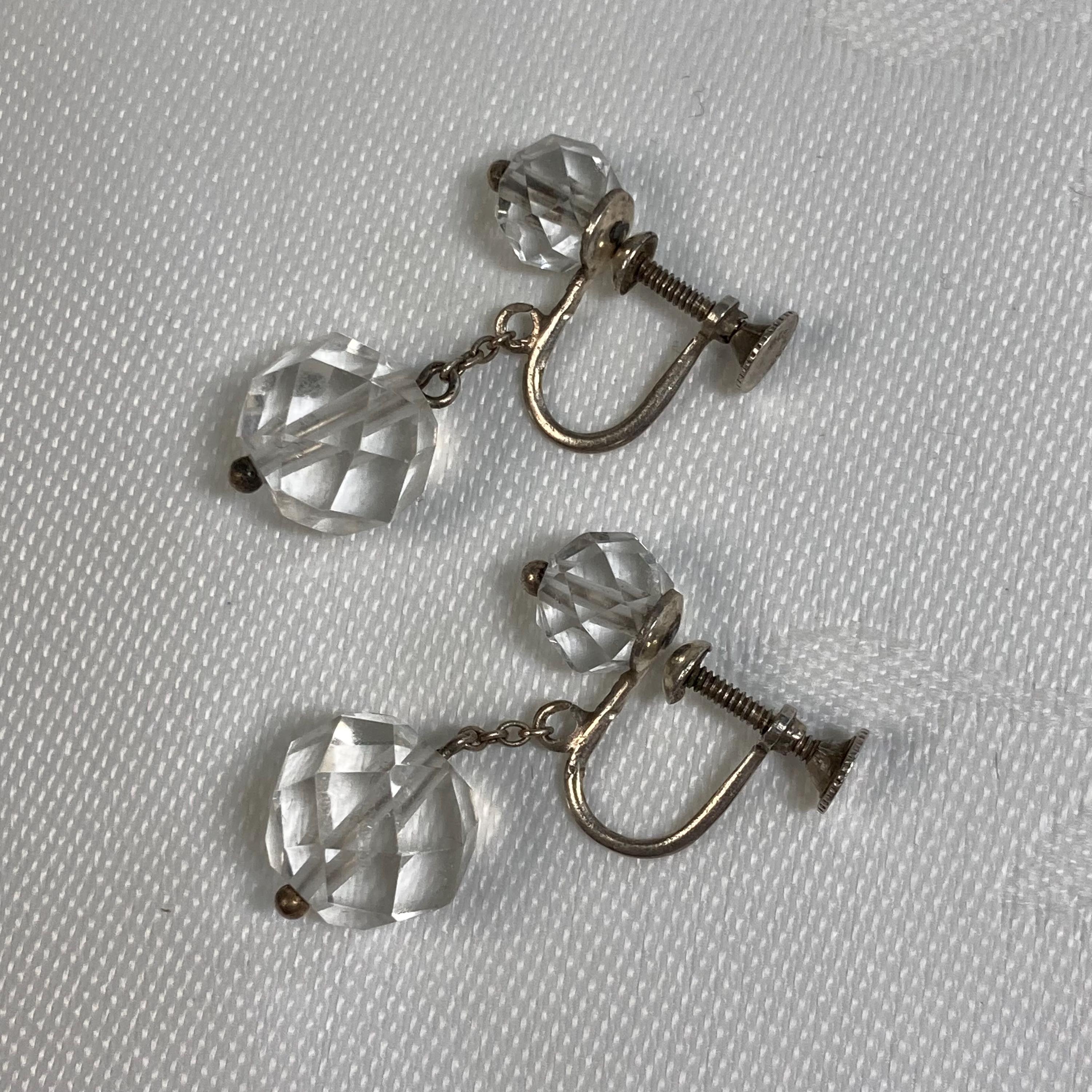 Art Deco Screw Back Earrings, Faceted Rock Crystal for