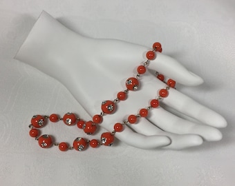 Orange Lucite Necklace. Clear Rhinestones. Coral Tangerine Vermilion. Gorgeous!