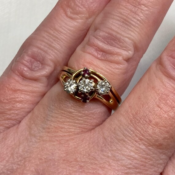 Trilogy Diamond Ring with Ruby Accents. Retro Cla… - image 7