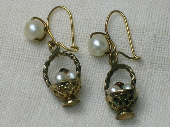 Vintage Earrings: Pearl Baskets, 10K Yellow Gold.… - image 2